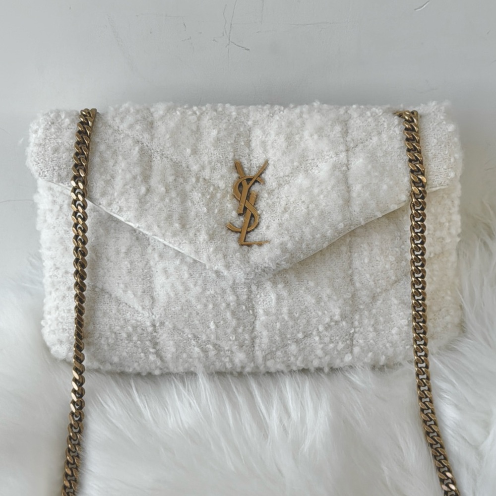 Yves Saint Laurent White Mini Puffy Tweed Boucle Chain Bag